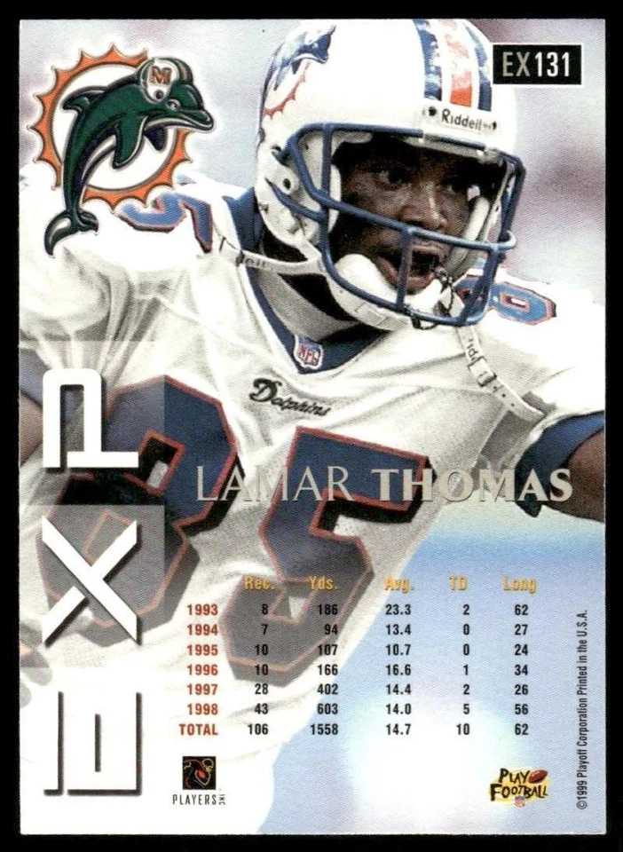 1999 Playoff Prestige EXP #EX131 Lamar Thomas Miami Dolphins Football Card - Image 2 of 2