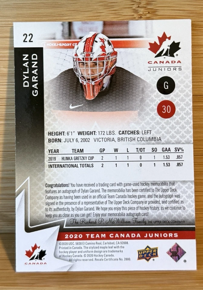 2020-21 Upper Deck Team Canada Juniors Hlinka Autos /199 Dylan Garand Patch Auto - Image 2 of 2