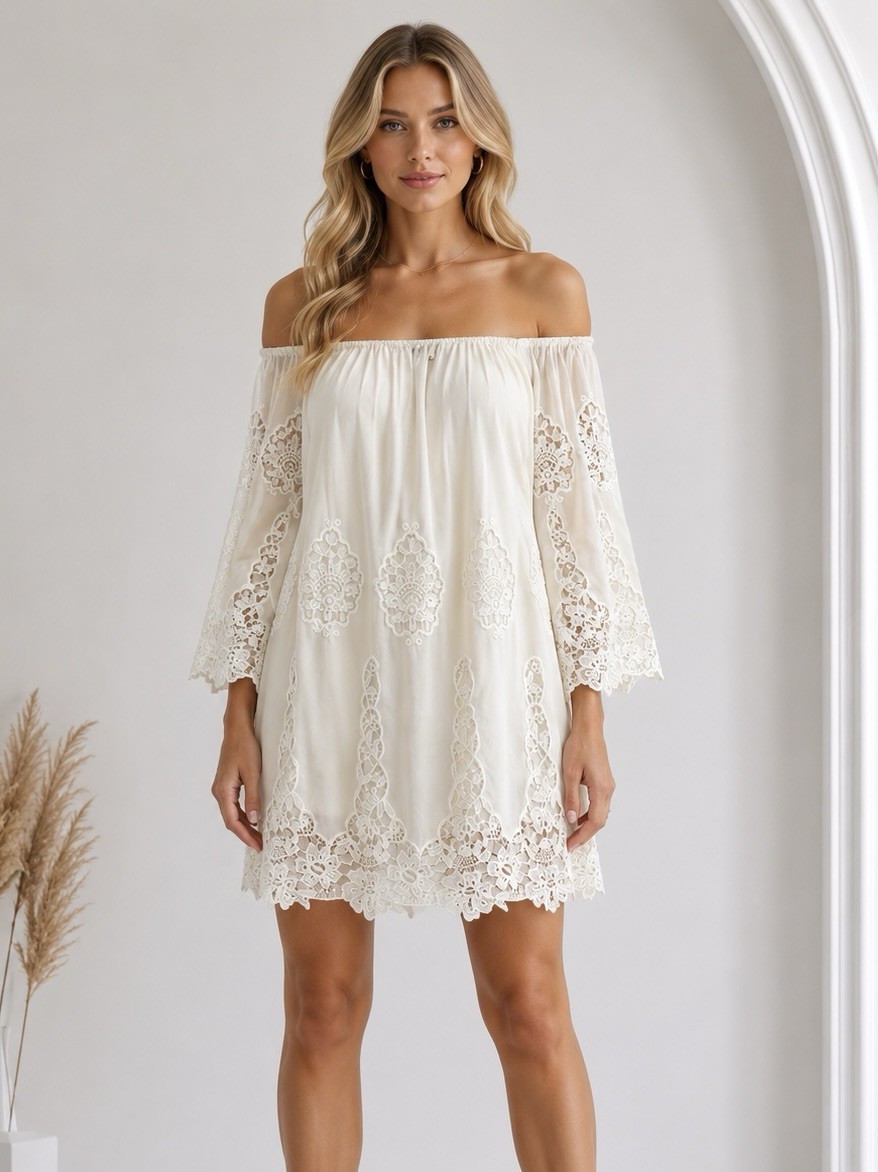 Women’s Crochet Lace Embroidered Off Shoulder Mini Dress Medium Coquette Boho