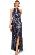 Adrianna Papell Keyhole Halter Metallic Blue Formal Crinkle Ruffle Gown Dress 4