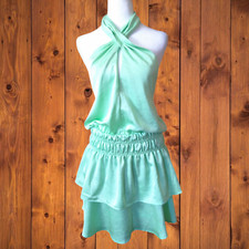 Glam Womens Small Light Green Tiered Open Back Halter Dress Satin Look