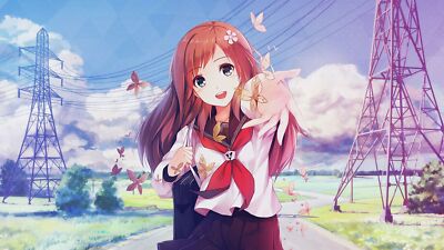 Anime girls power lines butterfly brunette long hair CCG Gaming Mat Desk