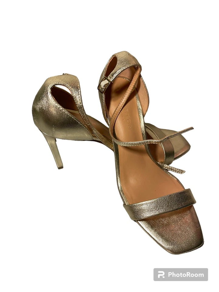 HALSTON HERITAGE Isla Gold Metallic Leather Strappy Sandal Heels Womens - Image 4 of 4