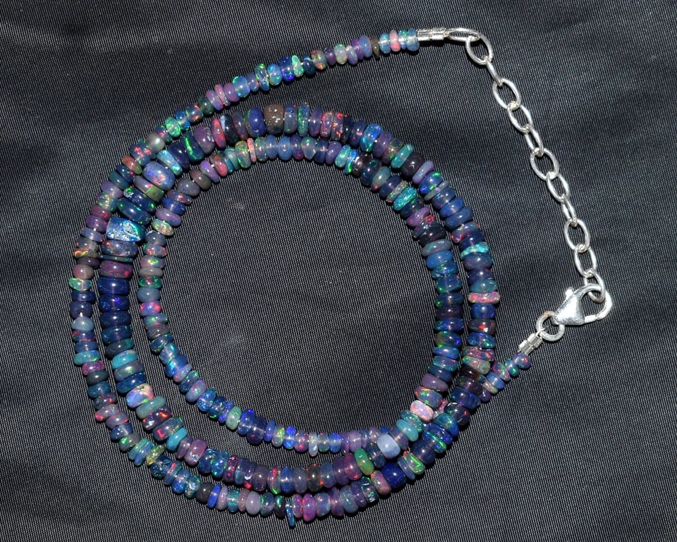 Collana A Rondelle Di Opale Nero Naturale Etiope 16'' In Argento 925 F3741 - Immagine 3 di 4