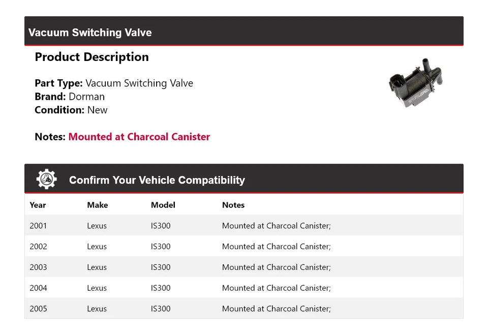 Válvula de comutação a vácuo para 2001-2005 Lexus IS300 Dorman 2002 2003 2004 - Imagem 2 de 4