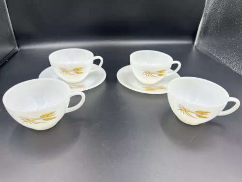 Vintage Fire King Wheat Pattern Cups (4) And Saucers (2)