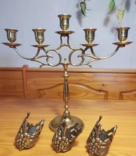 Vintage Brass Candelabra 5 Candle Stick Holder 11.5" + 3 Brass Napkin Rings Lot 