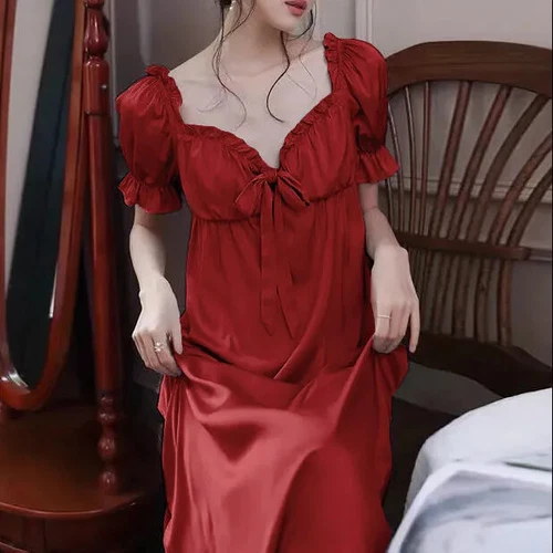 Damen Kunstseide Nachthemd Satin Nachthemd V-Ausschnitt Nachtwäsche Schleife Midikleid - Bild 18 von 23