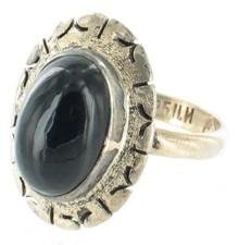 Vintage Sterling Silver Mexico Onyx Aztec Design Oval Cab Ring 6.5 Pretty 1960