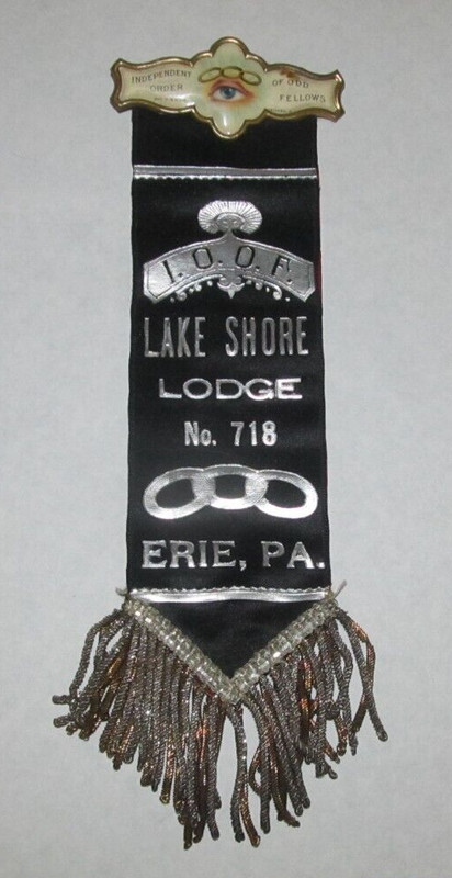 Vintage IOOF Odd Fellows Eye Ball Pin Badge Lake Shore Lodge Erie, PA Ribbon 718