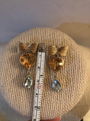 14kt yellow gold Bow Real Citrine heart & pear shaped blue topaz dangle earrings - Picture 8 of 10