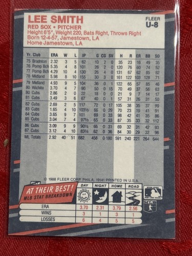 1988 Fleer Update Baseball # U-8 Lee Smith - Picture 7 of 7