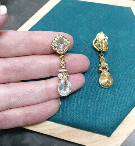 CLIP ON Rhinestone 4cm CRYSTAL Drop EARRINGS Antique Gold Tone Vintage Style - Picture 13 of 17