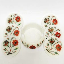 Indian Design Marble Inlay Tea Coaster Set Of 6 Tile For Kitchen Use, Home decor