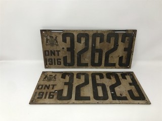 RARE !! Lot of 2 Canada Ontario 1916 (32623) License Plates Rare Pair