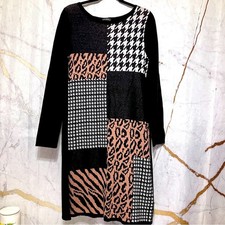 Patchwork Midi Sweater Dress Size L Leopard Houndstooth Pattern Cozy Loose Fit