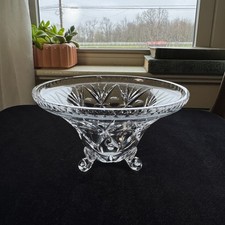 Vintage Cut Glass Style Footed Bowl Starburst Compote 3 Foot Scalloped Edge