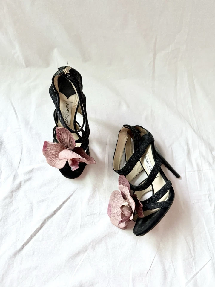 Jimmy Choo Sandalias Tacones Zapatos Orquídea Flor Talla 5 EE. UU. 35 Y2K Carrie Bradshaw Foto 4 de 4