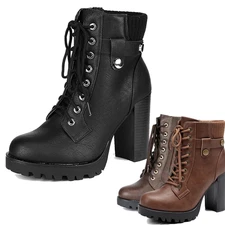 Women Ankle Boots Fashion High Chunky Block Heel Lace up Combat Boots