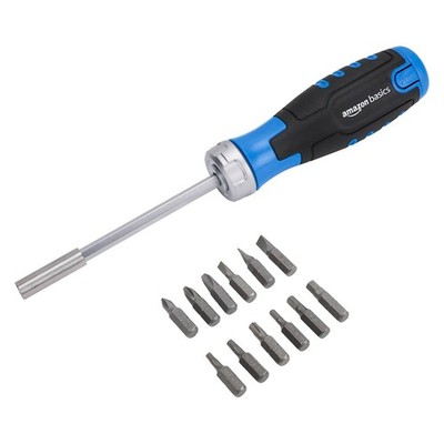 Amazon Basics 12 Piece Ratcheting Magnetic Screwdriver Blue, Black, Silver