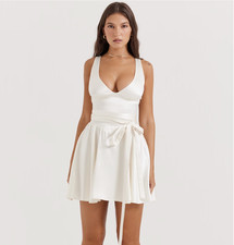 House of CB Shiema Ivory Floaty Mini Dress L+ Satin Open Back Tie Waist Bride