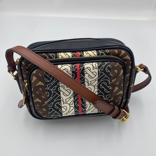 Burberry TB Monogram Stripe Camera Bag Brown Black Leather Crossbody Shoulder