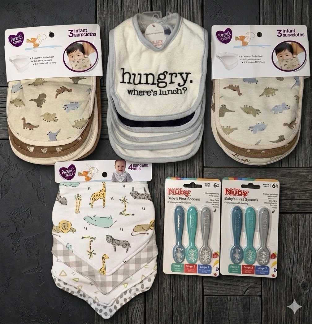 New~Baby Feeding & Bib Bundle Nuby Spoons Burp Cloths Bibs Set, 21pc
Opens in a new window or tab