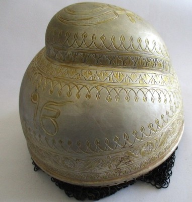 ANTIQUE OLD SIKH BUMP TOP HELMET RARE UNUSUAL DESIGN ENGRAVED SILVER PLATED .