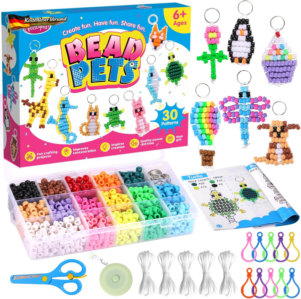 Funtopia Perlentiere Bastelset Kinder, Glow In The Dark Pony Beads, SchlüSselanh-image