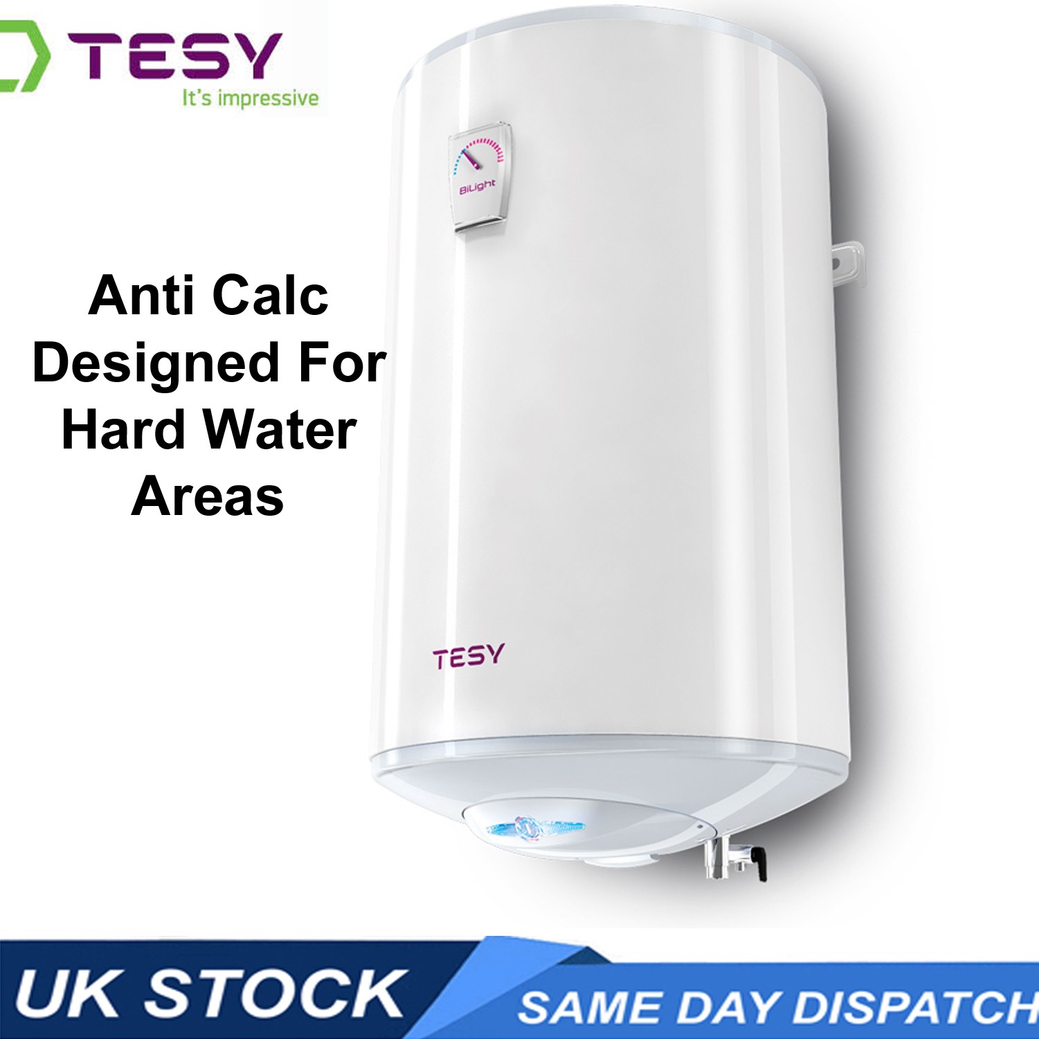 Electric Hot Water Cylinder Hard Water Ready TESY BiLight 80 Litre Anti Calc