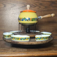 Vintage 70s Groovy Mushroom Shroom Fondue Set w/ Lazy Susan Mid Century Merry