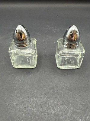 Vintage Clear Glass Salt & Pepper Shakers Square Bottles Chrome Bullet Tops RP