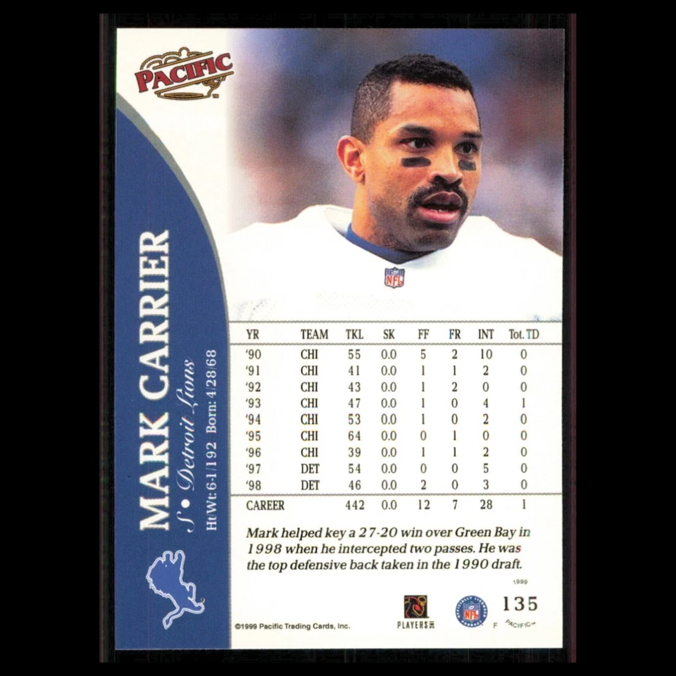Mark Carrier #135 1999 Pacific Detroit Lions Football Card NFL NM - Image 2 of 3