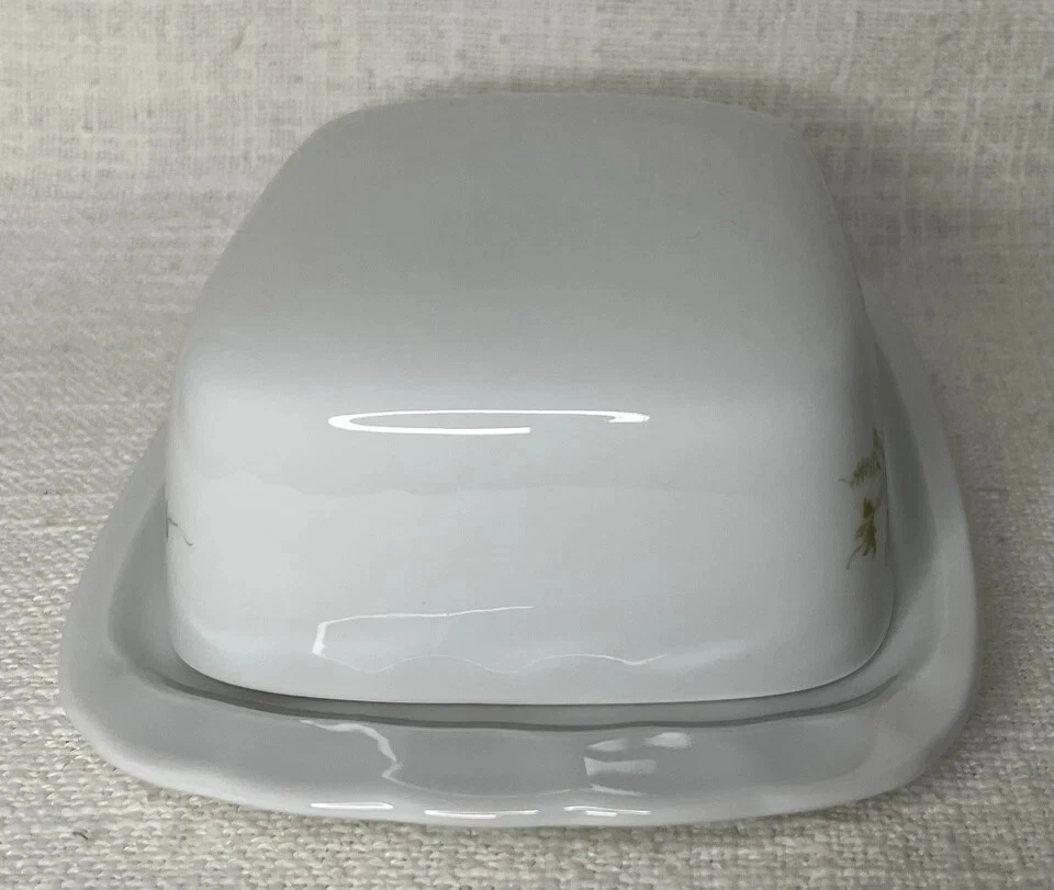 Eschenbach Porzellan Butterdose rechteckig Grüne Ranke mit roter Blüte - Bild 2 von 4