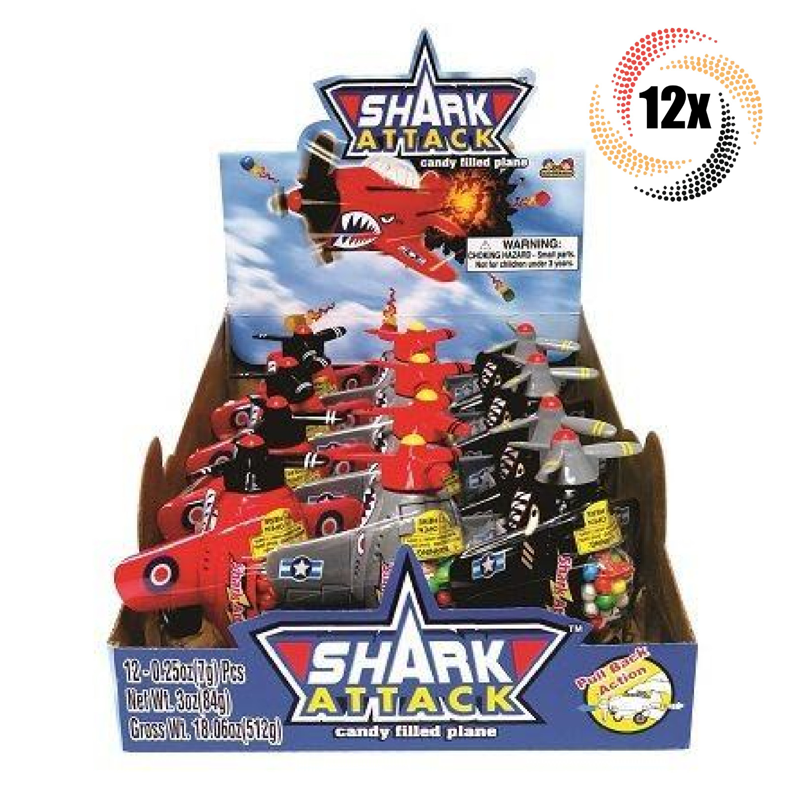 Полная коробка из 12 самолетиков Kidsmania Shark Attack, Самолеты с конфетной начинкой | 25 унций