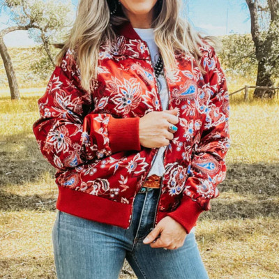 Hooey Ladies Red Floral Printed Bomber Jacket HJ107RD
