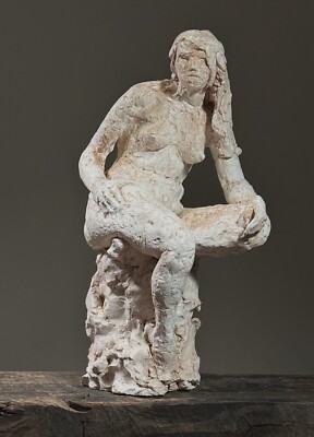 Vintage Expressionist Hand Built Plaster Seated Female Sculpture