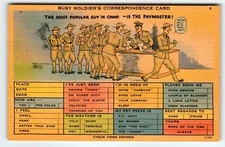 US Army Military Postcard Paymaster Pays Soldiers 1940's War Linen WW2 Humor