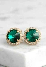 3Ct Lab Created Emerald Push Back Halo Stud Earrings 14K Yellow Gold Finish