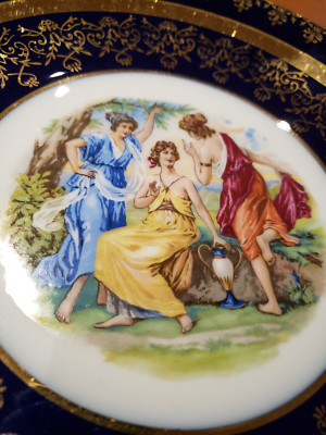 Vintage MZ Under-glaze Cobalt Porcelain Decor Plate w/24 KT Gold