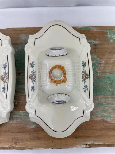 PAIR Vtg Art Deco Porcelain Flush Mount Wall Sconce, Ceiling Fixture Floral MCM - Picture 16 of 24