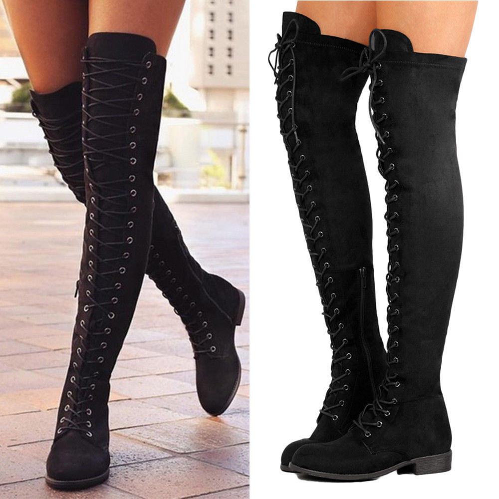 Women Black Lace Up Side Zip Over The Knee Boot Thigh High Women Black Lace Up Side Zip Over The Knee Boot Thigh High