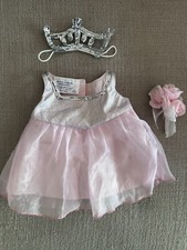 Build A Bear Pink Silver Rhinestone Tulle Ruffle Sequin Dress/Flowers/Crown VTG