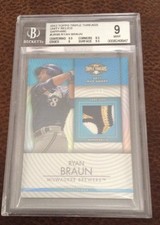 RYAN BRAUN - 2012 TOPPS TRIPLE THREADS PRIME 3 COLOR PATCH #D 1/3 EBAY 1/1 Bgs 9