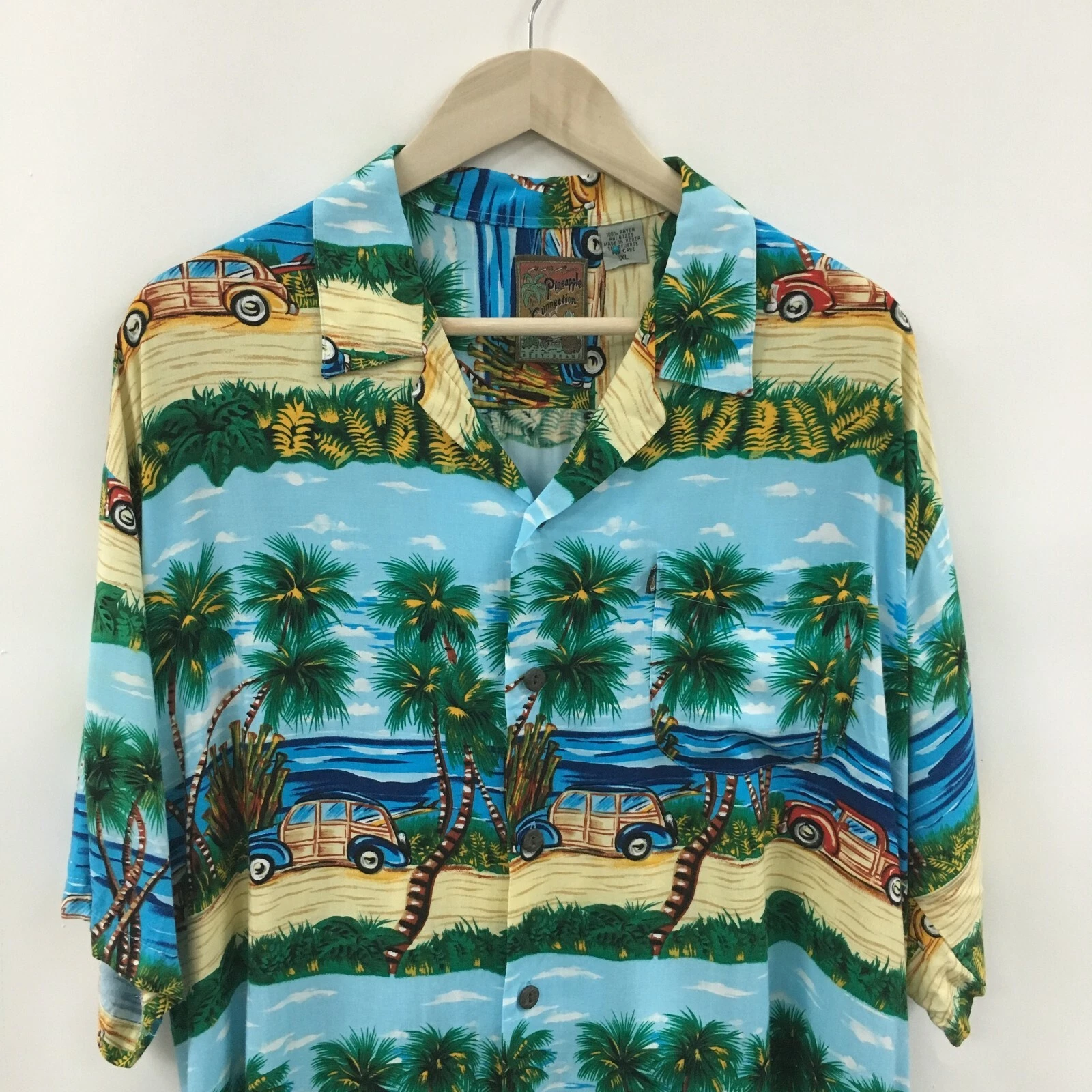 Vintage Mens XL PINEAPPLE CONNECTION Hawaiian beach Shirt Rayon -SUPER- 35c