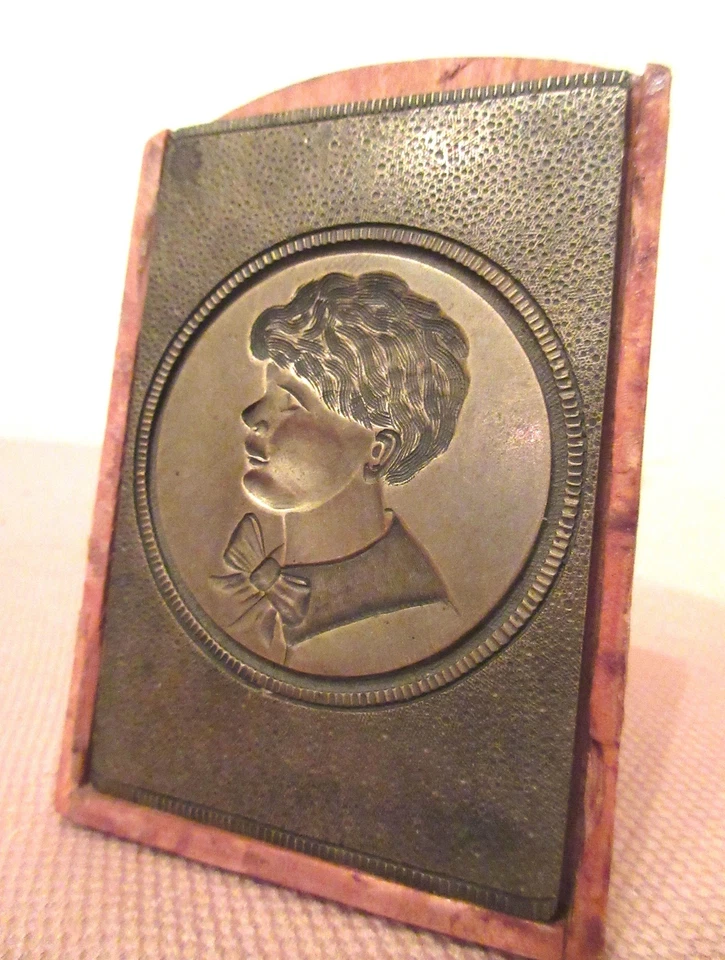 antique hand engraved brass engraving boy portrait embosser block plate art - Image 2 of 4