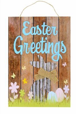 Easter Greetings Bunny 16x9.5 Wood Glitter Door Wall Hanging Decor FREE SHIPPING