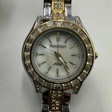 Armitron Watch Women Silver Gold Two Tone Mother of Pearl Dial New Battery 7.25"
