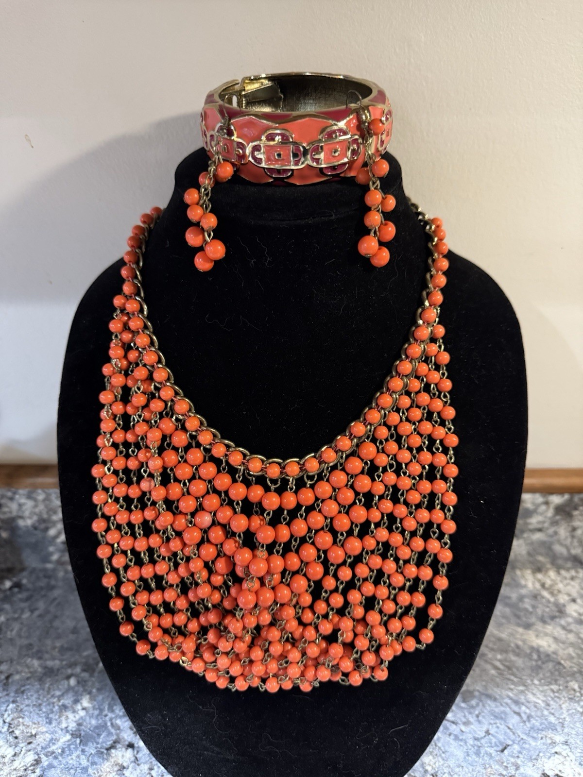 Chunky Orange Bead Statement Necklace Earrings & … - image 1