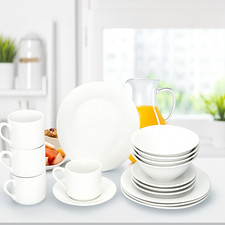 White Breakfast Set 16 pc Ceramic Crockery Side Plates Cups Saucers Cereal Bowls